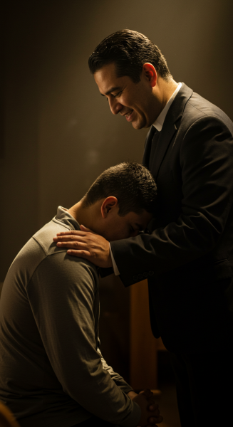 A Pastor praying for a young man on his knees
