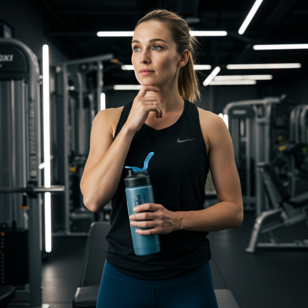 A photo of a woman in a black top holding a bottle in a gym