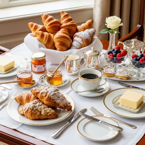 A luxury breakfast spread with croissants and coffee