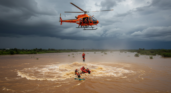 Helicopter rescue team saving stranded people from a flood