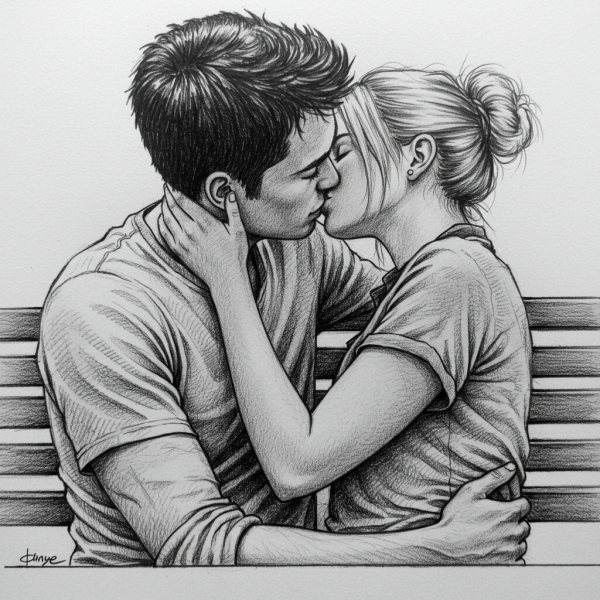 A pencil drawing of a couple kissing #2