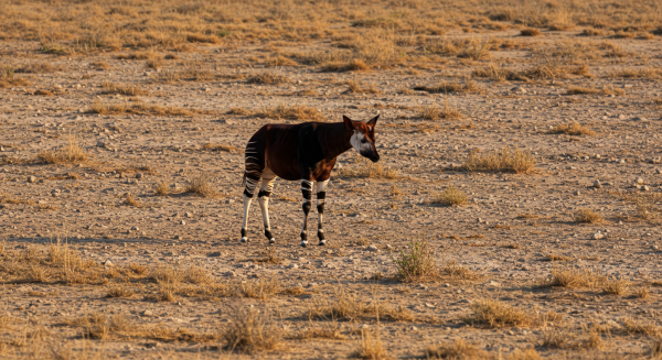 An Okapi on a dry field