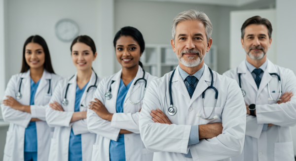 A team of doctors with their arms folded
