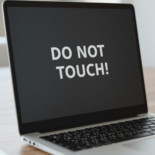 A laptop screen displaying an inscription "DO NOT TOUCH!" #1