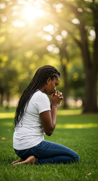 back view of a black person on their knees praying #3
