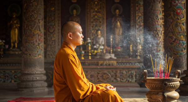 A peaceful monk meditating in a temple
