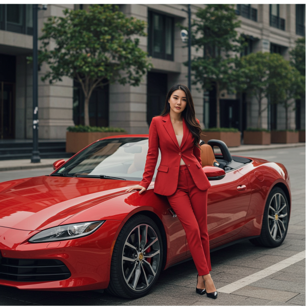 A sexy Asian model in a red suit standing by her red car #1