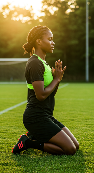 Side view of a black sportswoman on her knees praying