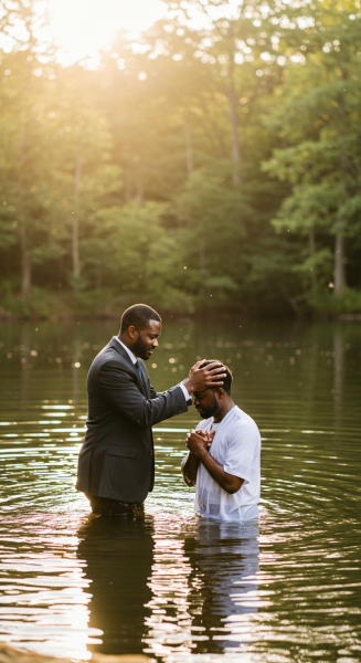 A black Pastor baptizing a man in water #4