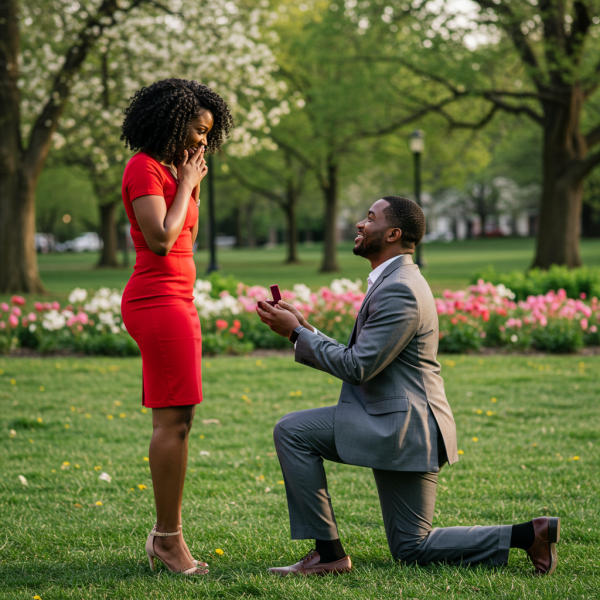 Side view of a black business man proposing to a black woman in a red dress