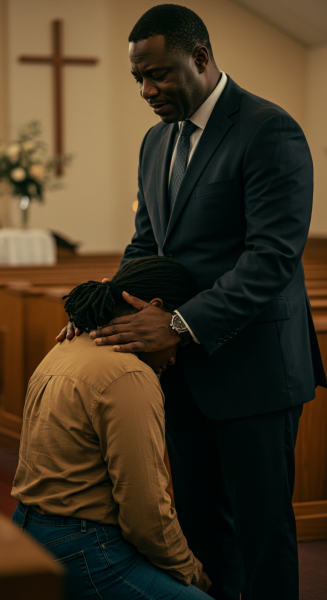 A Black Pastor praying for a young woman on her knees #2