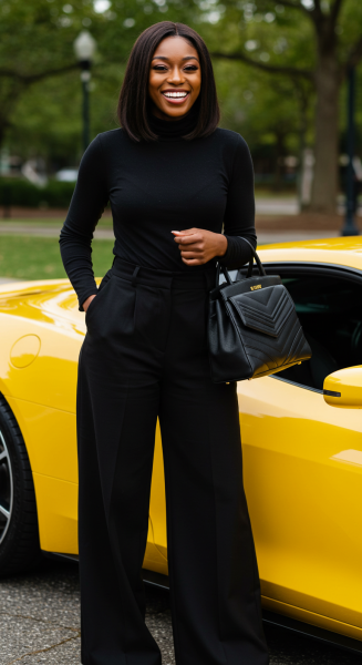 A photo of a black fashion lady standing by her yellow car
