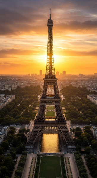 A drone view of the Eiffel Tower at dusk