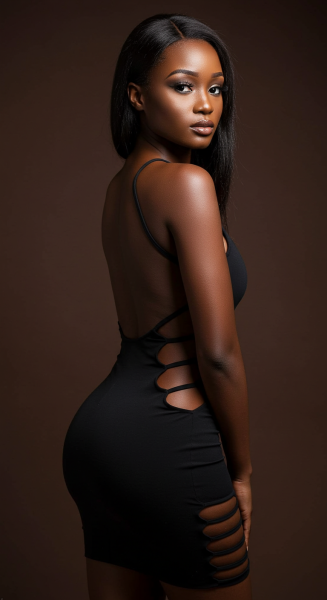 A sexy African model in a black dress