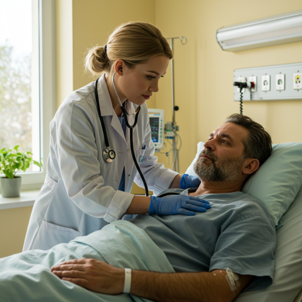 A white female doctor and a patient in a hospital bed