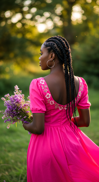 Back view of a pretty black woman in a pink dress #2