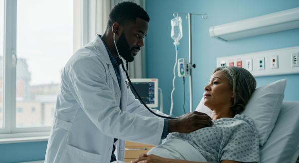 A black doctor and a patient in a hospital bed