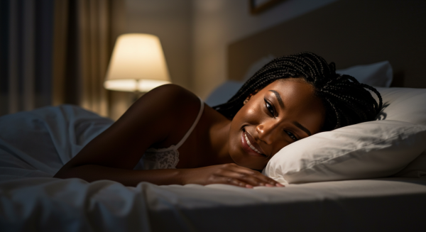 A beautiful black lady on her bed at night
