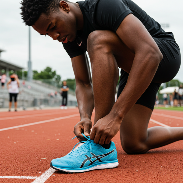 A black athlete lacing his shoe for a race