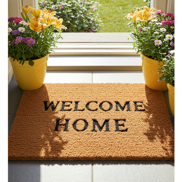 Doormat at the entrance of a home with the text ‘Welcome Home’ and flower pots beside it #1
