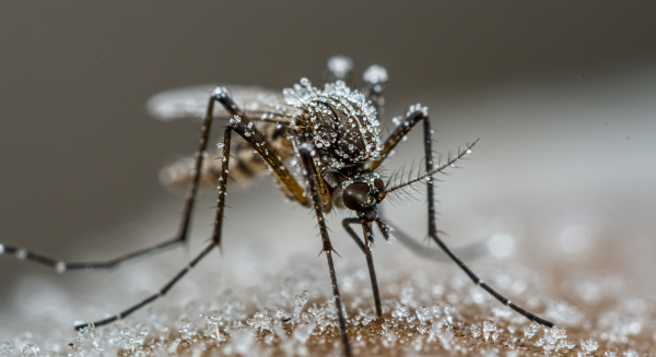 Close-up photo of a frozen mosquito
