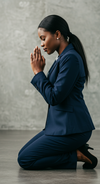 Side view of a black business woman on her knees praying