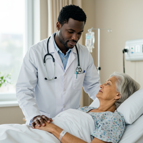 A black doctor standing by a patient on a bed
