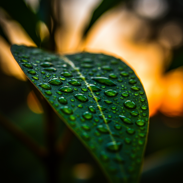 Raindrops on a leaf at sunset #2