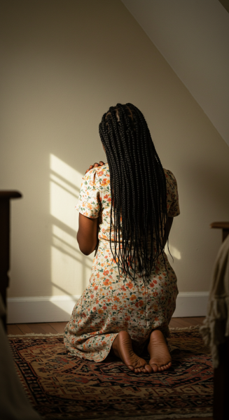 back view of a black person on their knees praying in their room #4