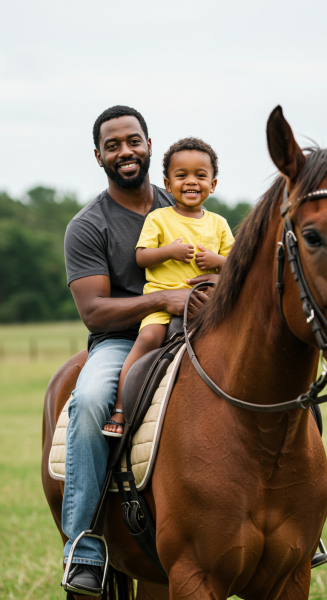 A black father and son riding a horse