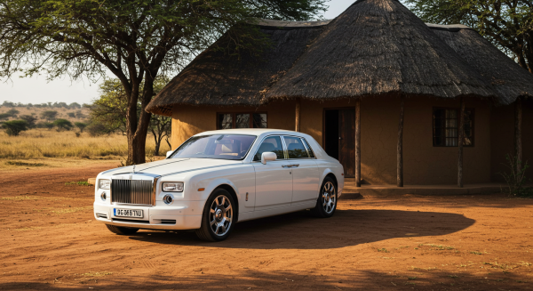 A new white Rolls Royce car parked in front a house in Africa #1