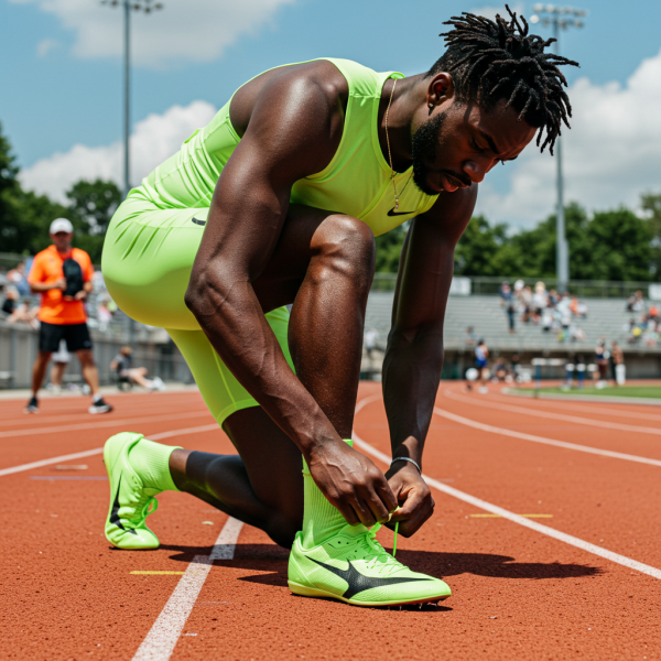 A black athlete lacing his shoe for a race