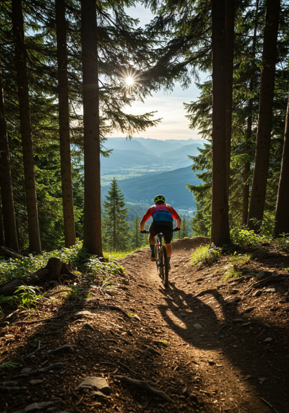 Cyclist racing on mountain trail