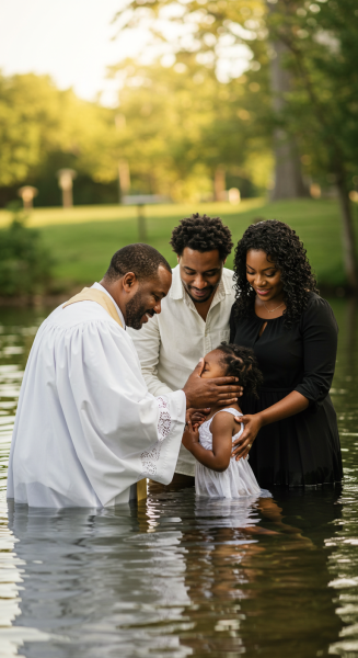 A black Pastor baptizing a black child in water, with parents #3