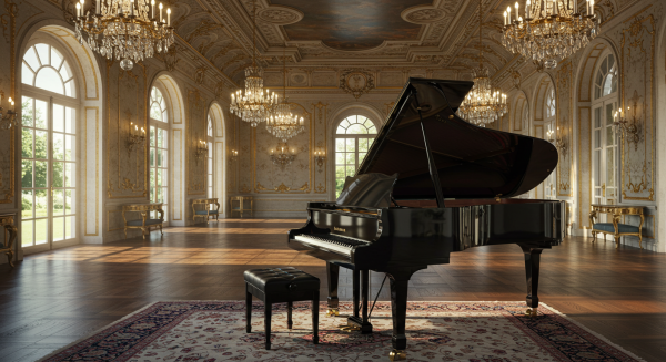 A new black Piano in a hall #4