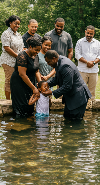A black Pastor baptizing a black child in water, with parents #4