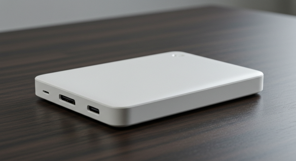 A portable white SSD on a desk #1