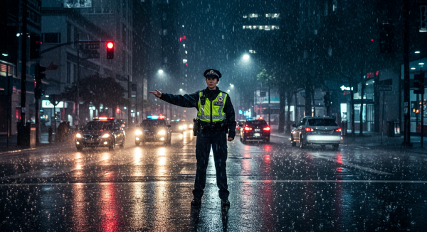Policewoman directing traffic during a heavy rainstorm #3