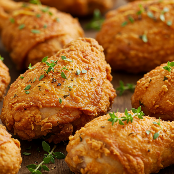 Golden brown crispy fried pieces of chicken with herbs