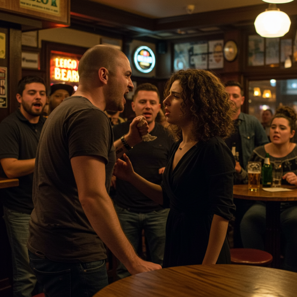 A white man and woman in a bar fight #1