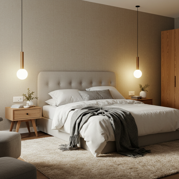 Modern bedroom interior with warm lighting, neutral colors, and soft textures #1