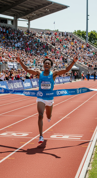 Male athlete crossing the finish line with arms raised in victory.