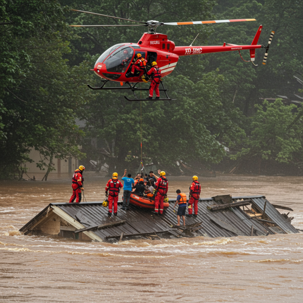 Helicopter rescue team saving stranded people from a flood #3