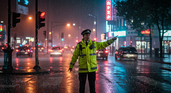 Policewoman directing traffic during a heavy rainstorm #1
