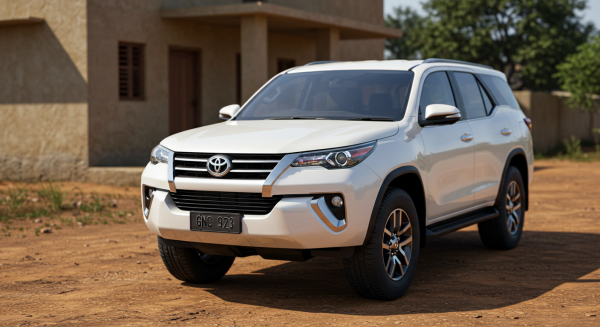 A new white Toyota SUV parked in front a house in Africa #3