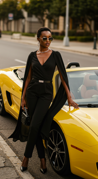 A photo of a black fashion lady standing by her yellow car