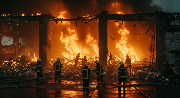 Firefighters in full gear battling massive flames in an industrial warehouse, dramatic smoke and sparks, action shot #3