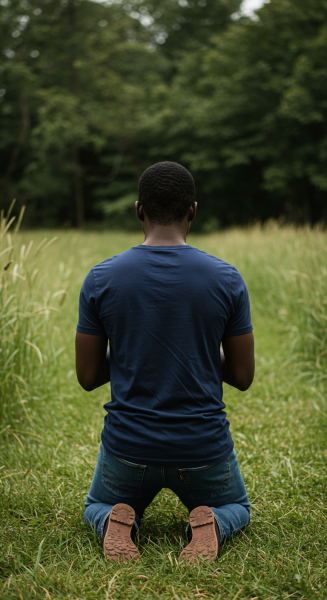 Back view of a black person on their knees praying