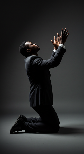 Side view of a black business man on his knees with his hands up and praying