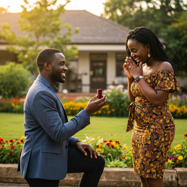 A handsome African man proposing to a beautiful African woman